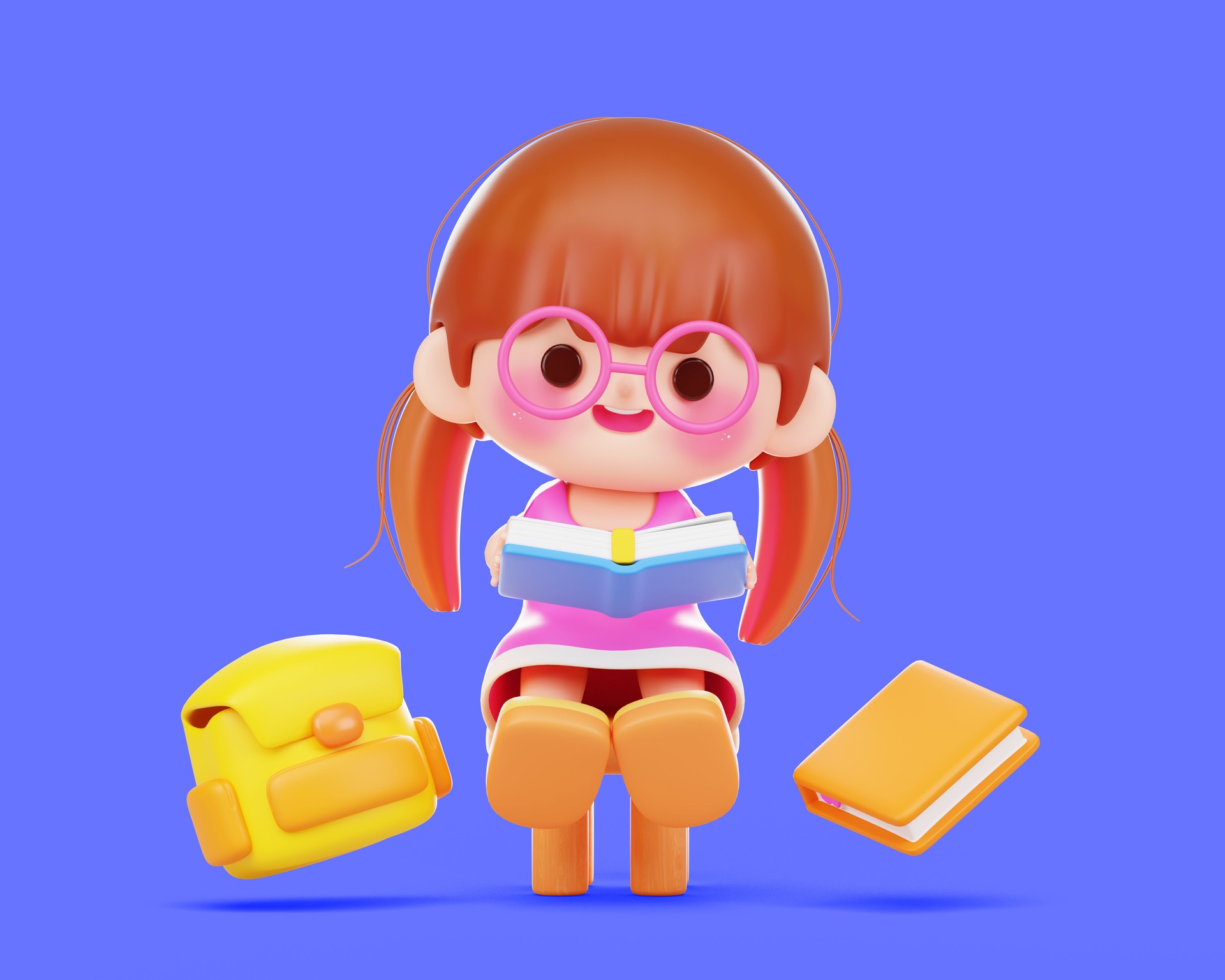 Cute girl or kid reading a book cartoon 3d illustration character