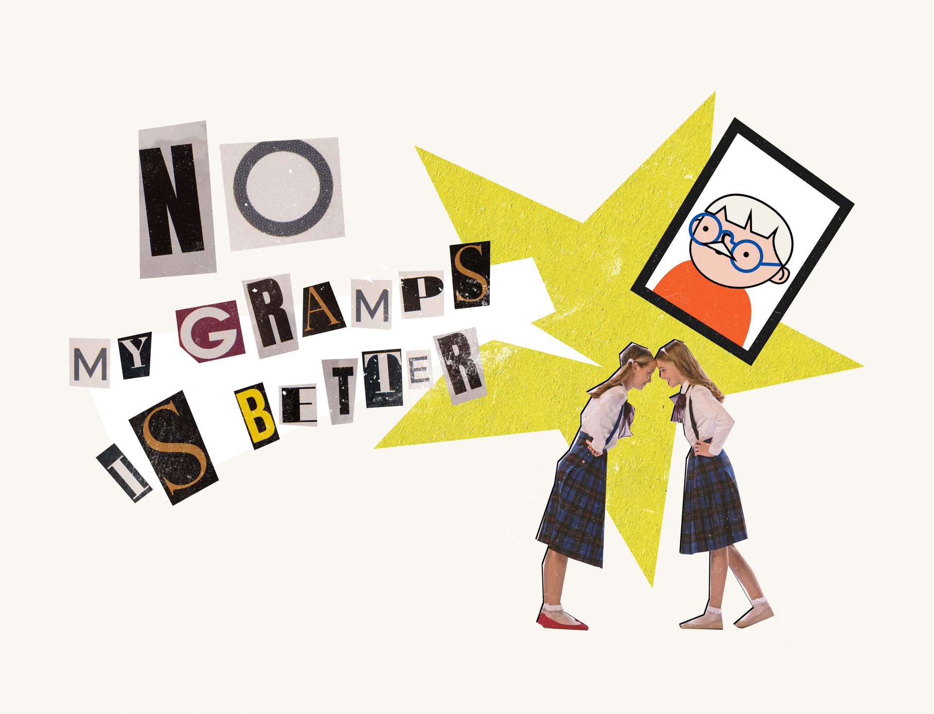 Contemporary art collage. Two school girls arguing about feelings to their grandparents. Loving grandchildren