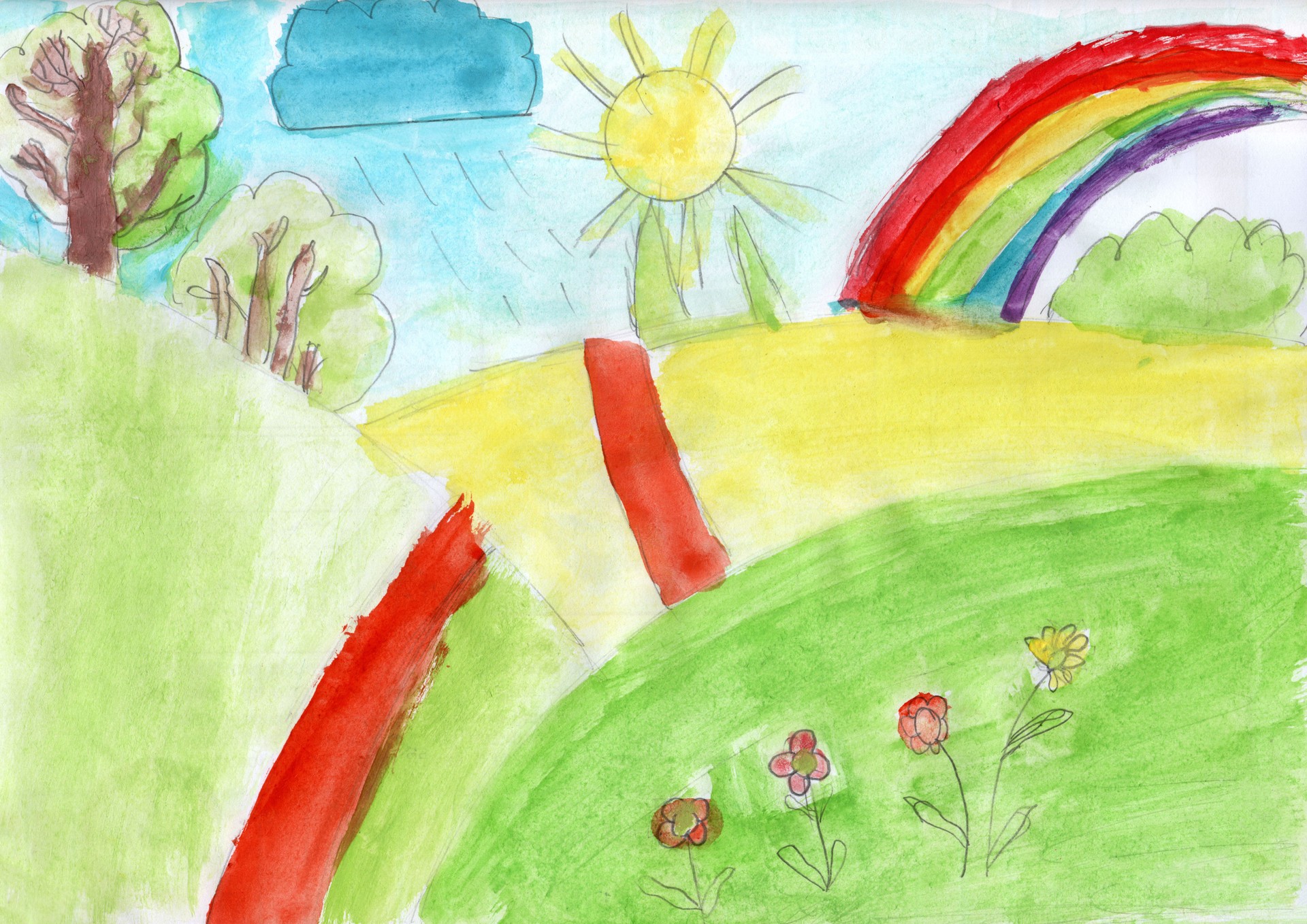 Children drawing with hills, rainbow and sun. Children love summer