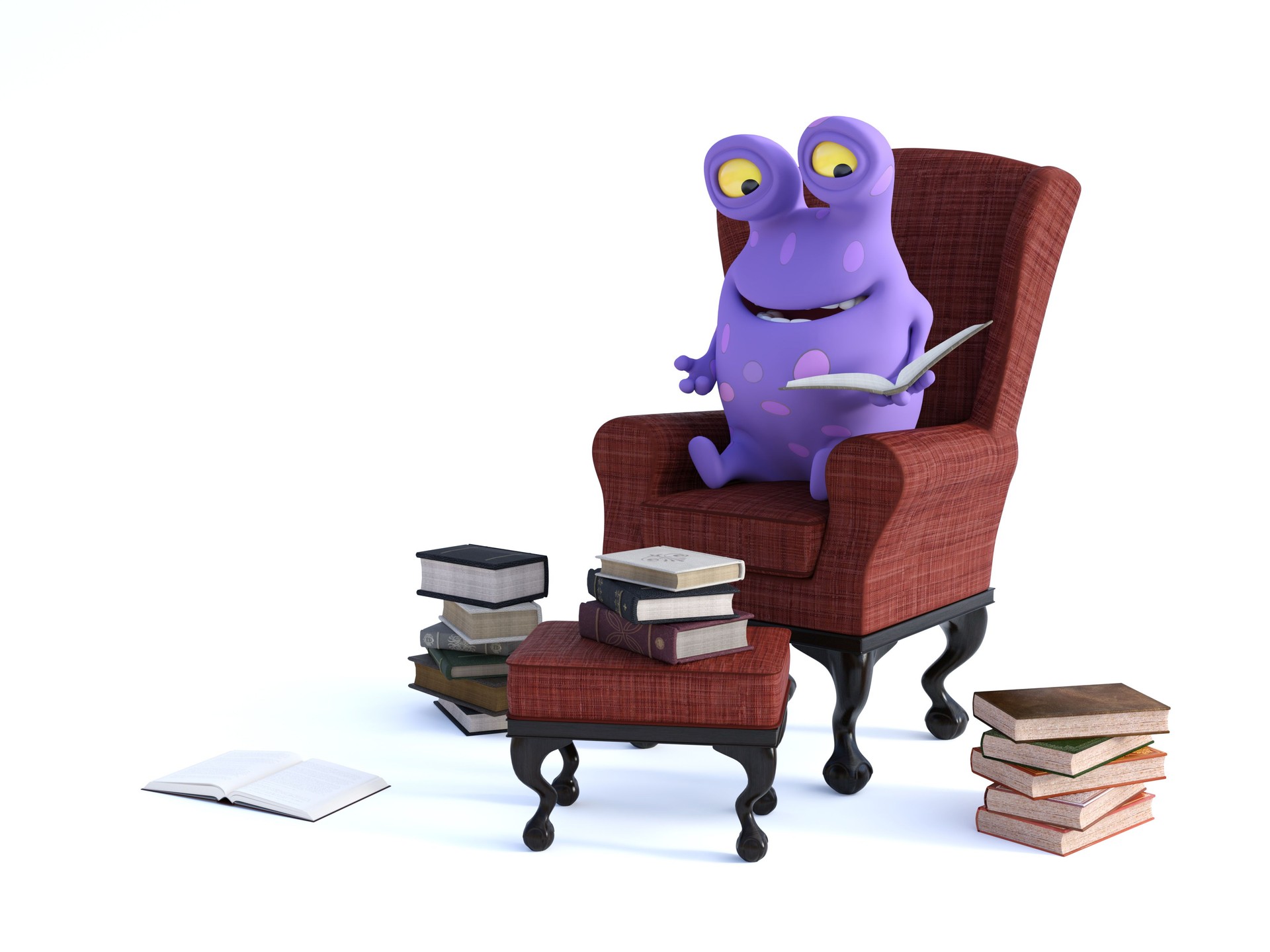 Storytime with a spotted monster holding a book.